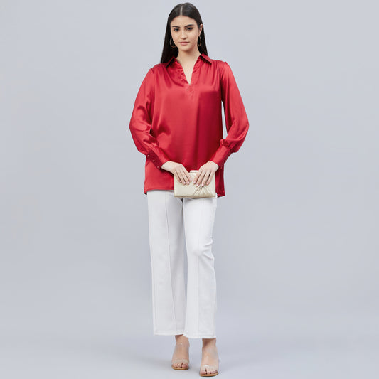 Red V-Neck Gathered Embellished Satin Shirt