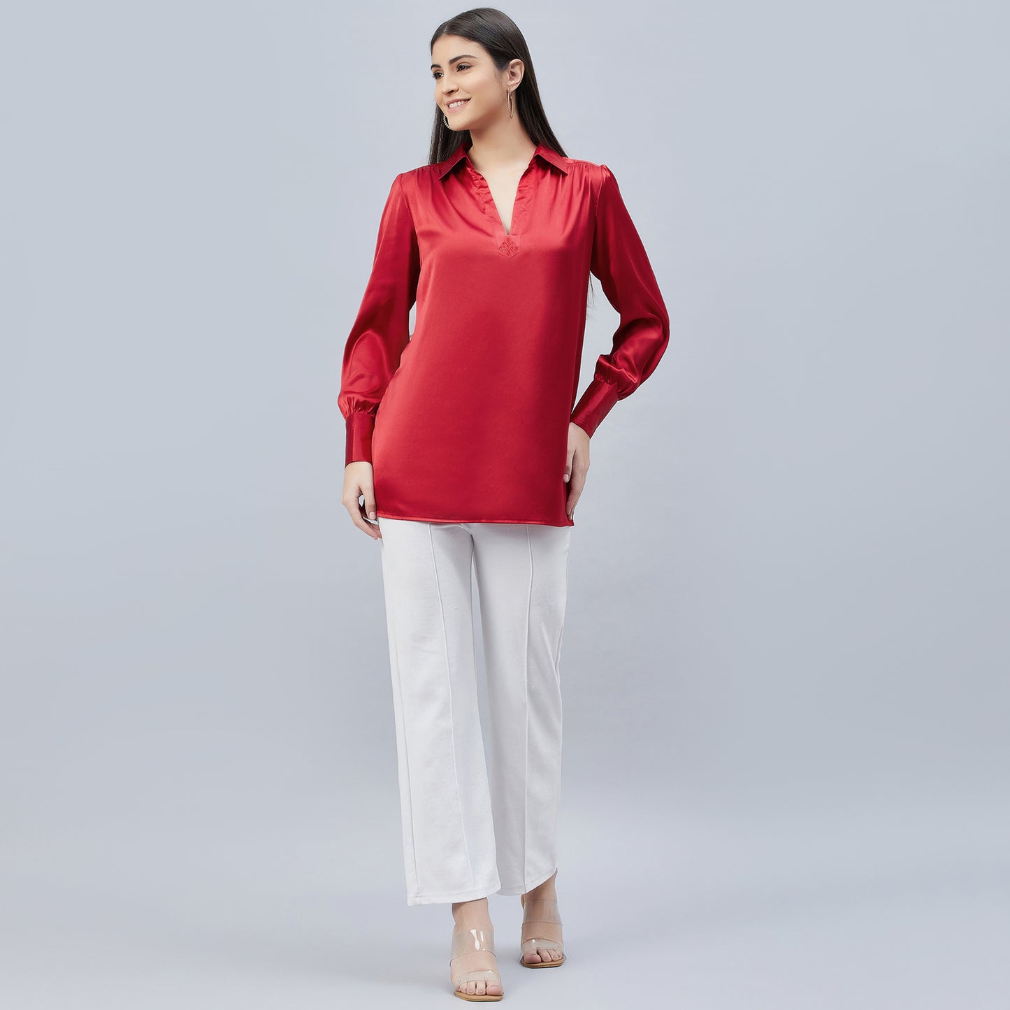 Red V-Neck Gathered Embellished Satin Shirt