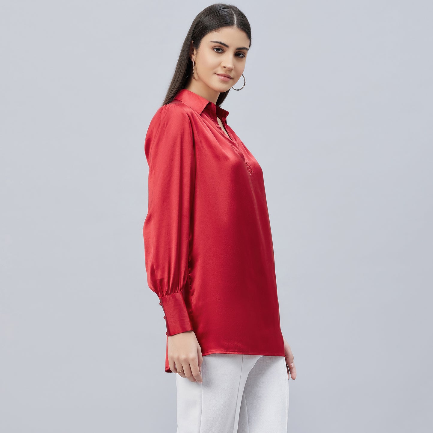 Red V-Neck Gathered Embellished Satin Shirt