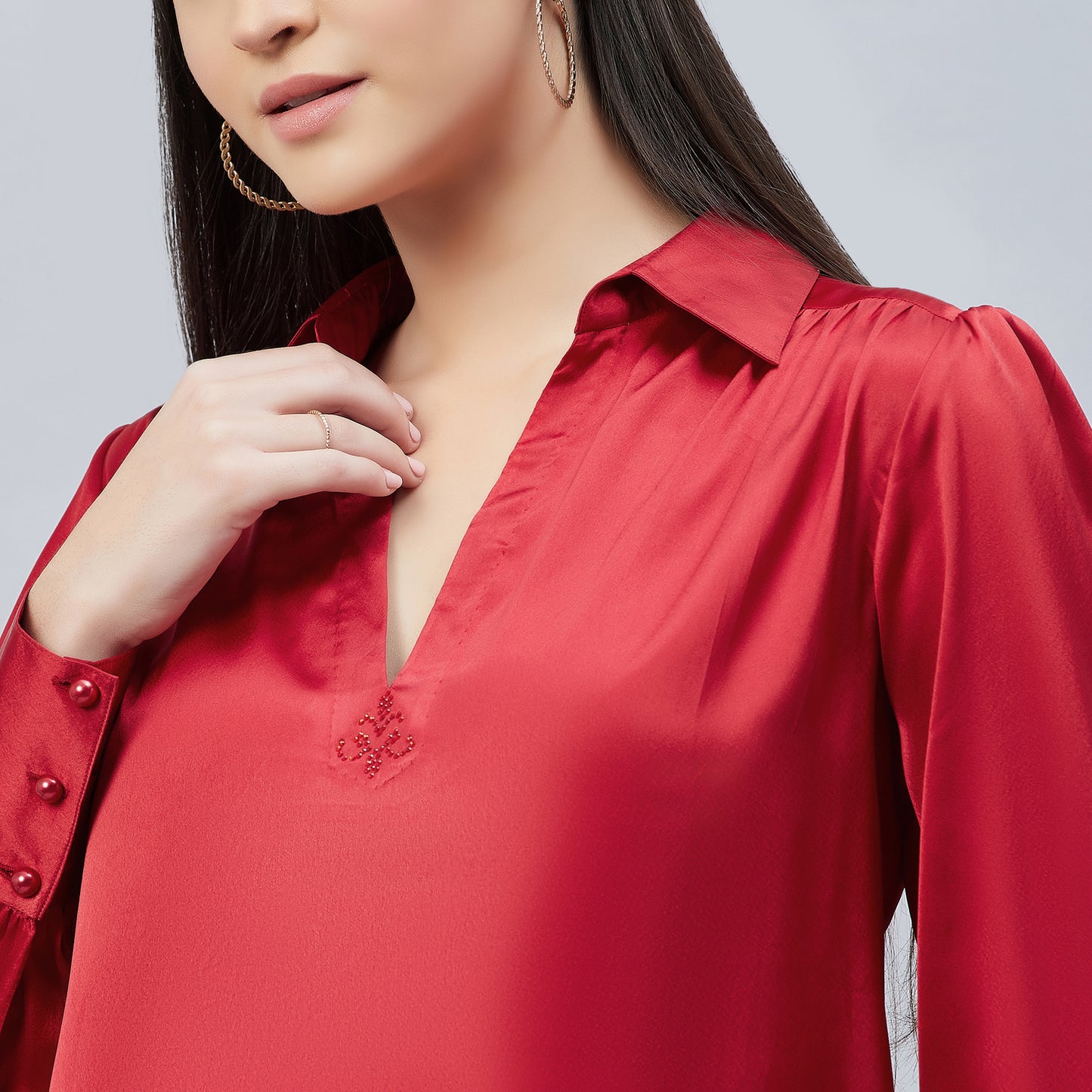 Red V-Neck Gathered Embellished Satin Shirt