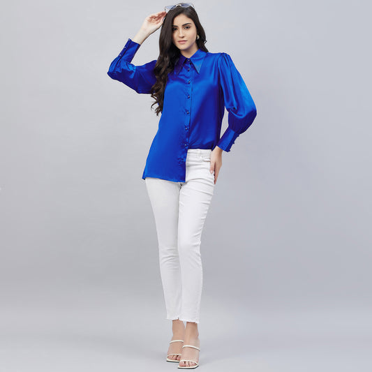 Cobalt Blue Shirt Collar Embellished Satin Shirt