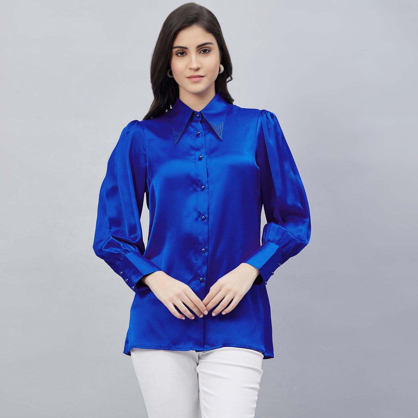 Cobalt Blue Shirt Collar Embellished Satin Shirt