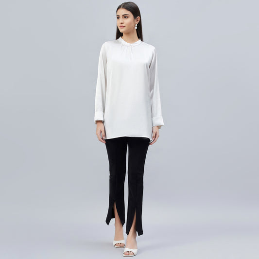 White One Side Pleated Embellished Satin Shirt
