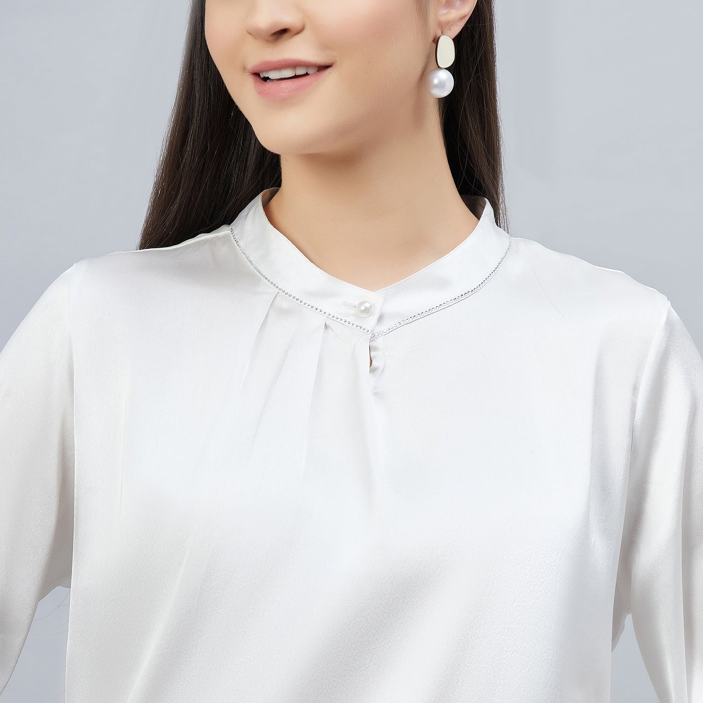 White One Side Pleated Embellished Satin Shirt