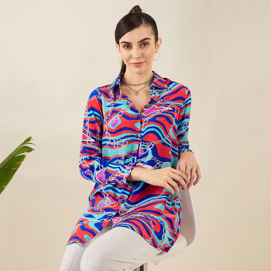 Blue and Red Marine Wave Print Shirt