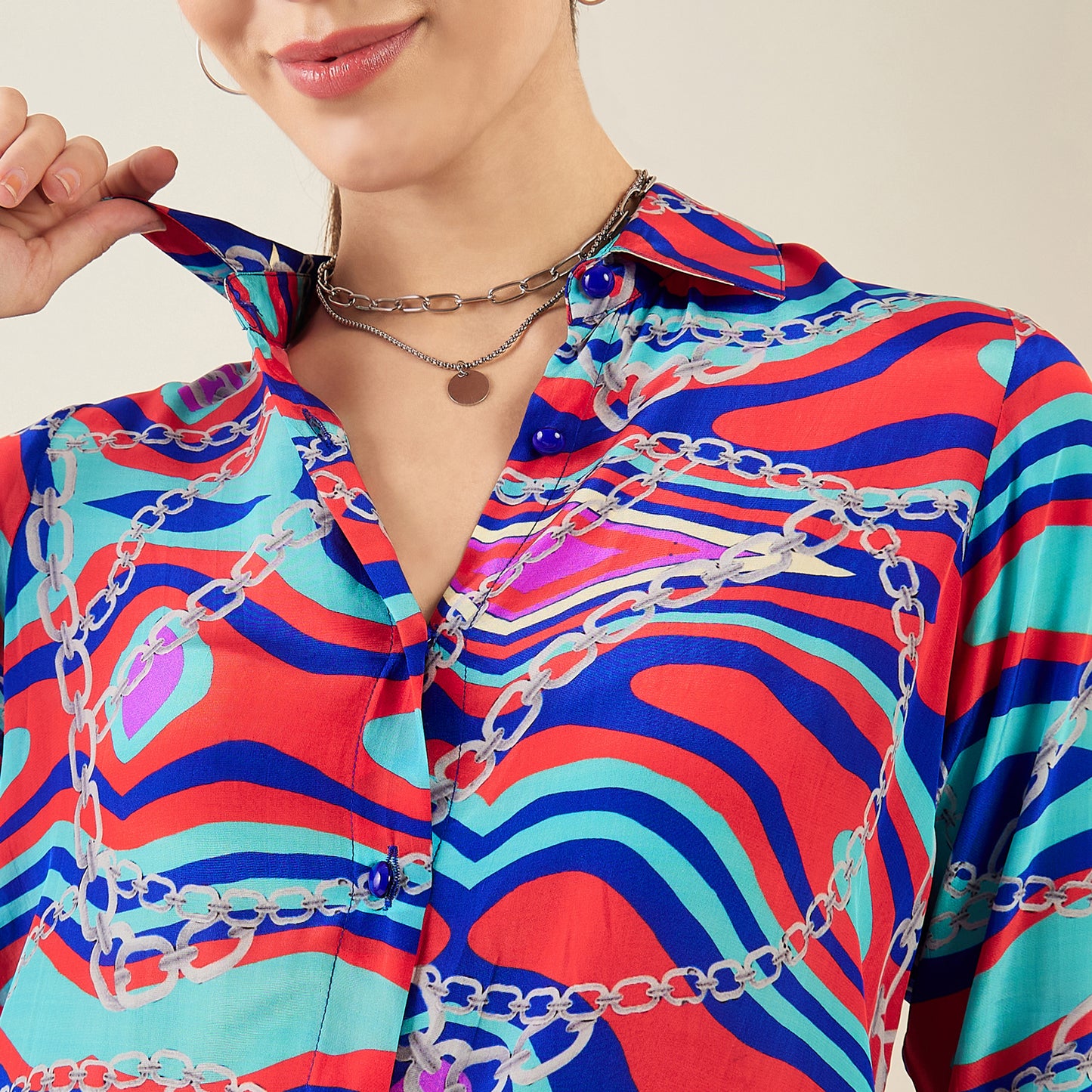 Blue and Red Marine Wave Print Shirt