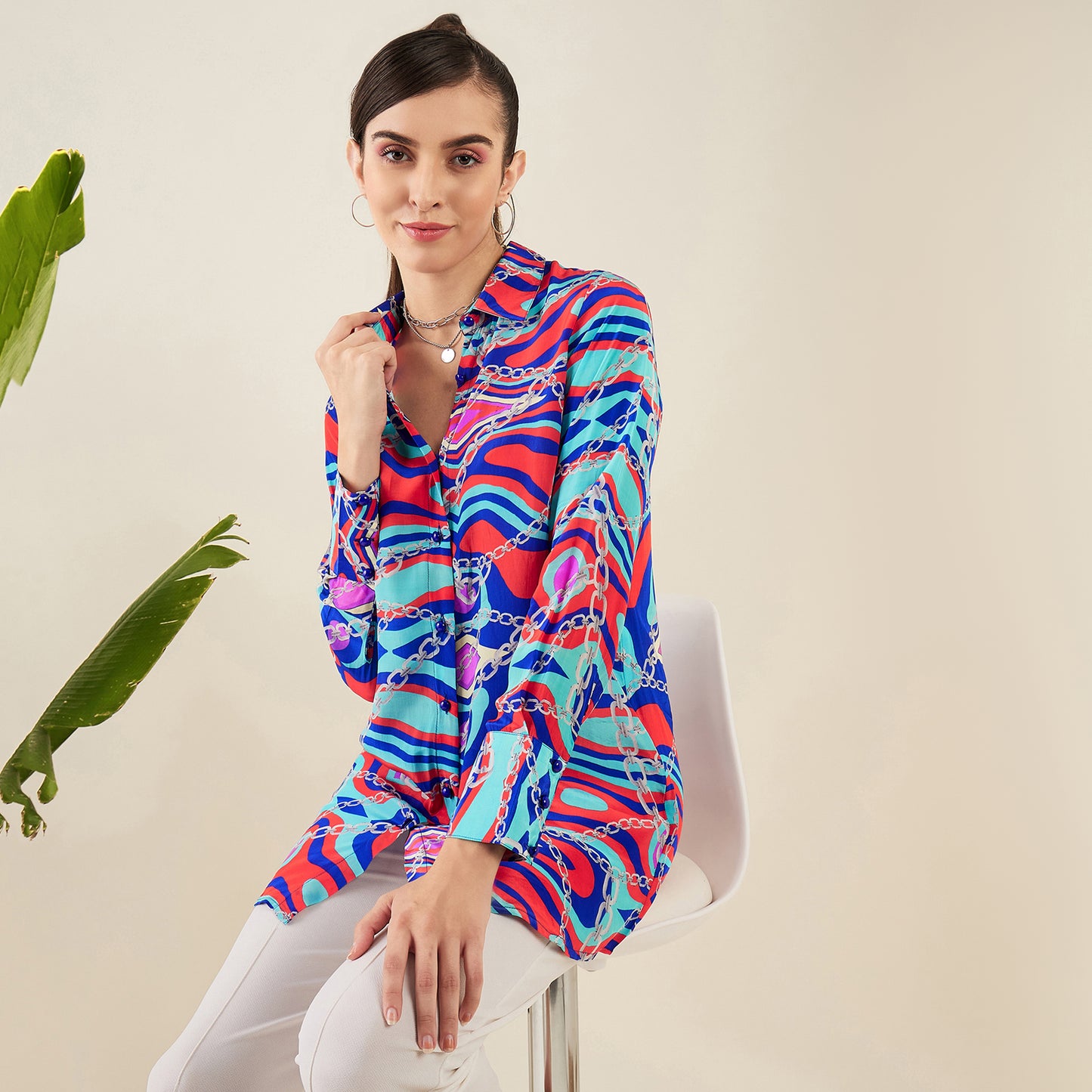 Blue and Red Marine Wave Print Shirt