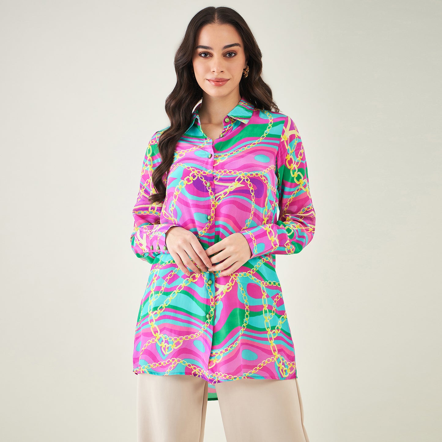 Pink and Green Marine Wave Print Shirt