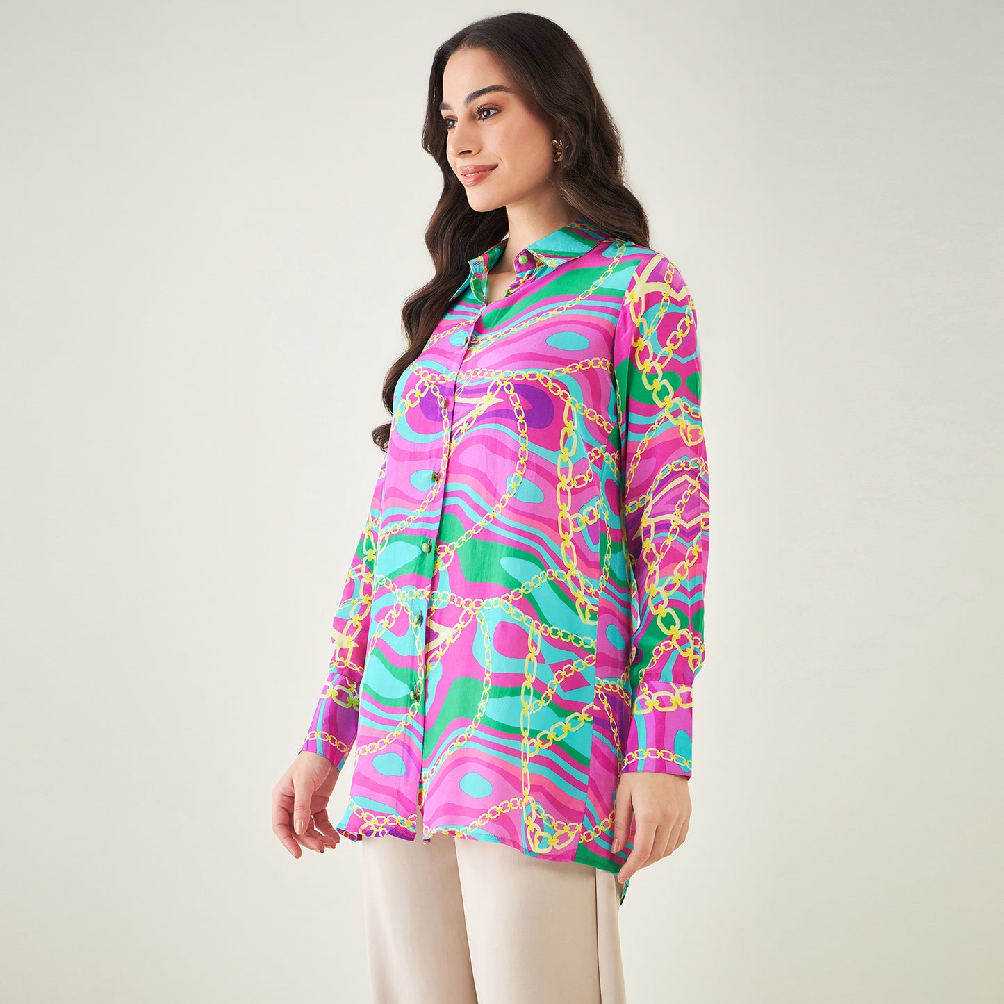 Pink and Green Marine Wave Print Shirt