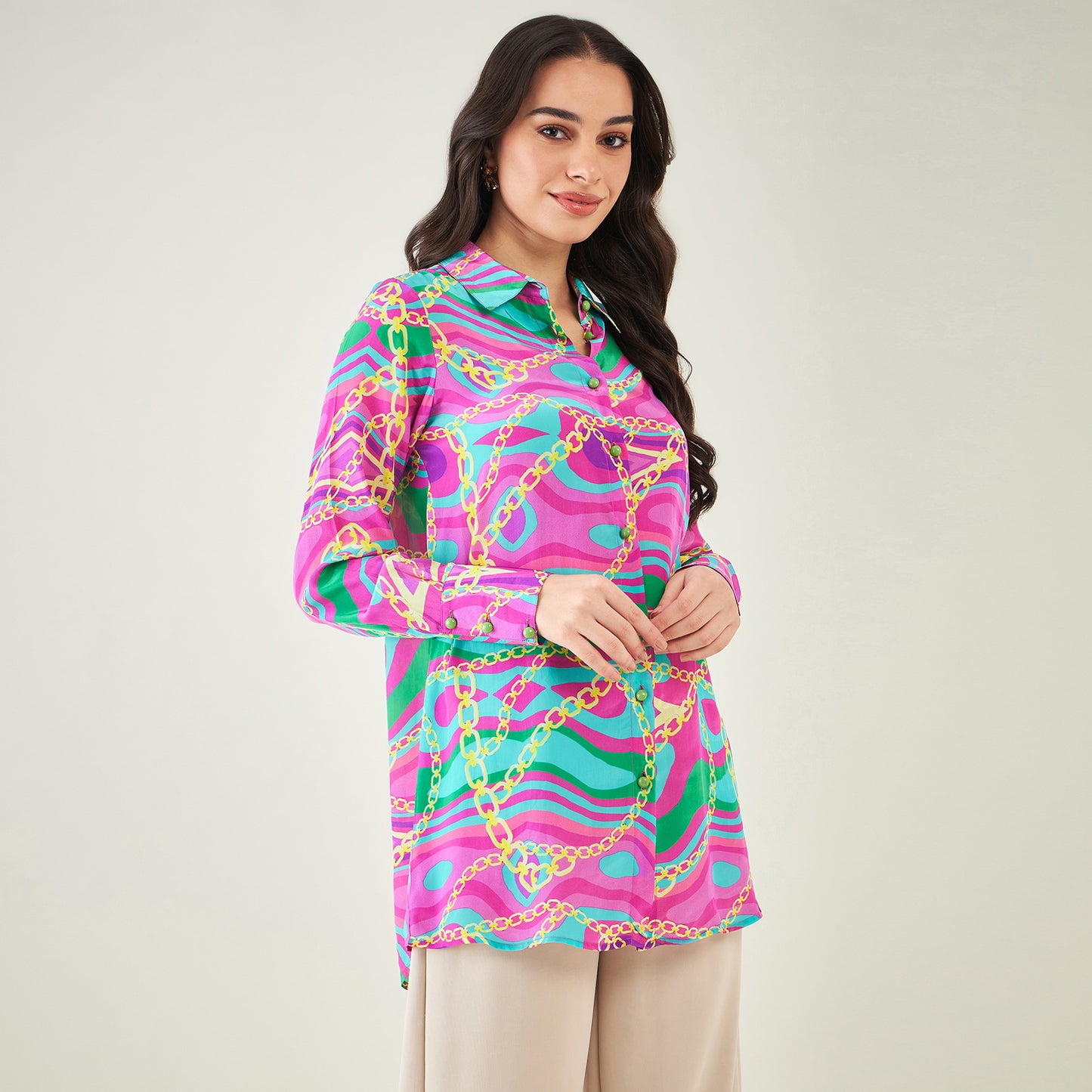 Pink and Green Marine Wave Print Shirt