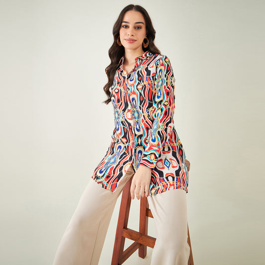 Black and Red Marine Wave Print Shirt