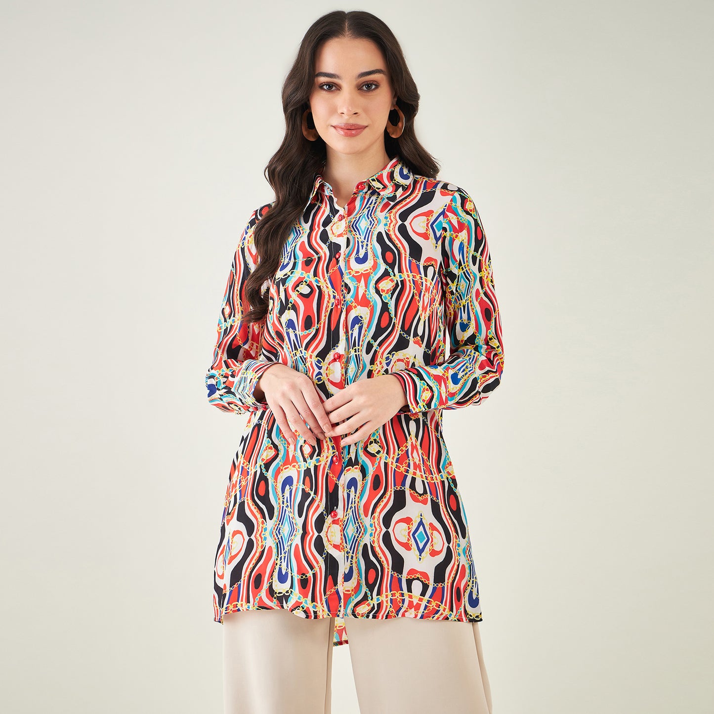 Black and Red Marine Wave Print Shirt