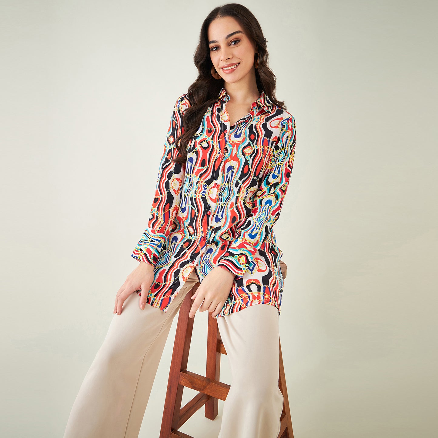 Black and Red Marine Wave Print Shirt