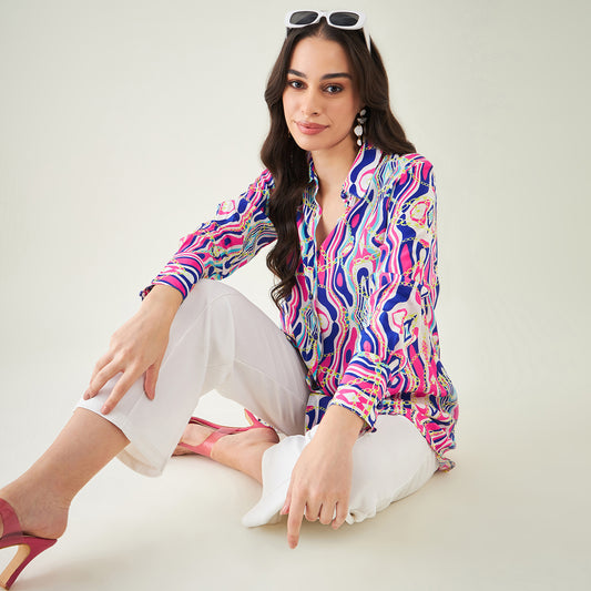 Blue and Pink Marine Wave Print Shirt