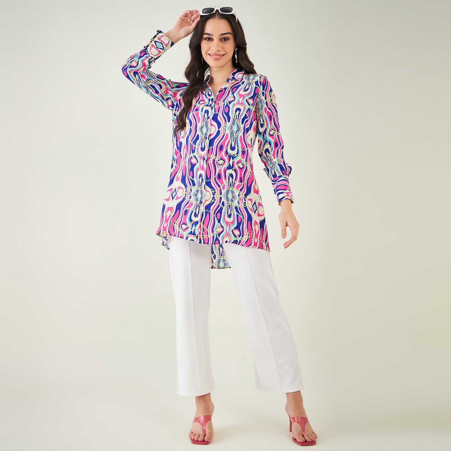 Blue and Pink Marine Wave Print Shirt