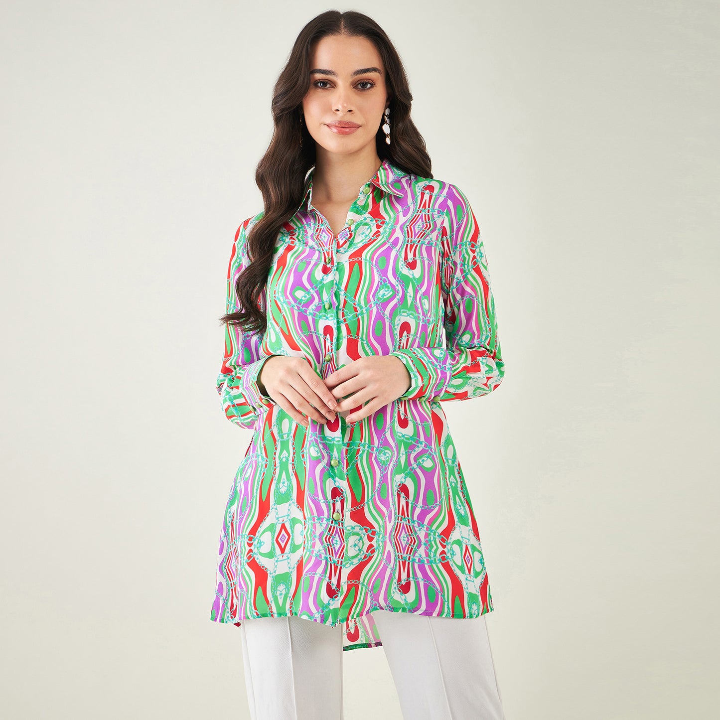 Green and Orange Marine Wave Print Shirt