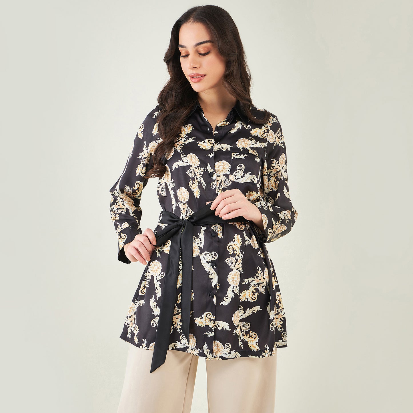 Black Baroque Print Shirt with Belt