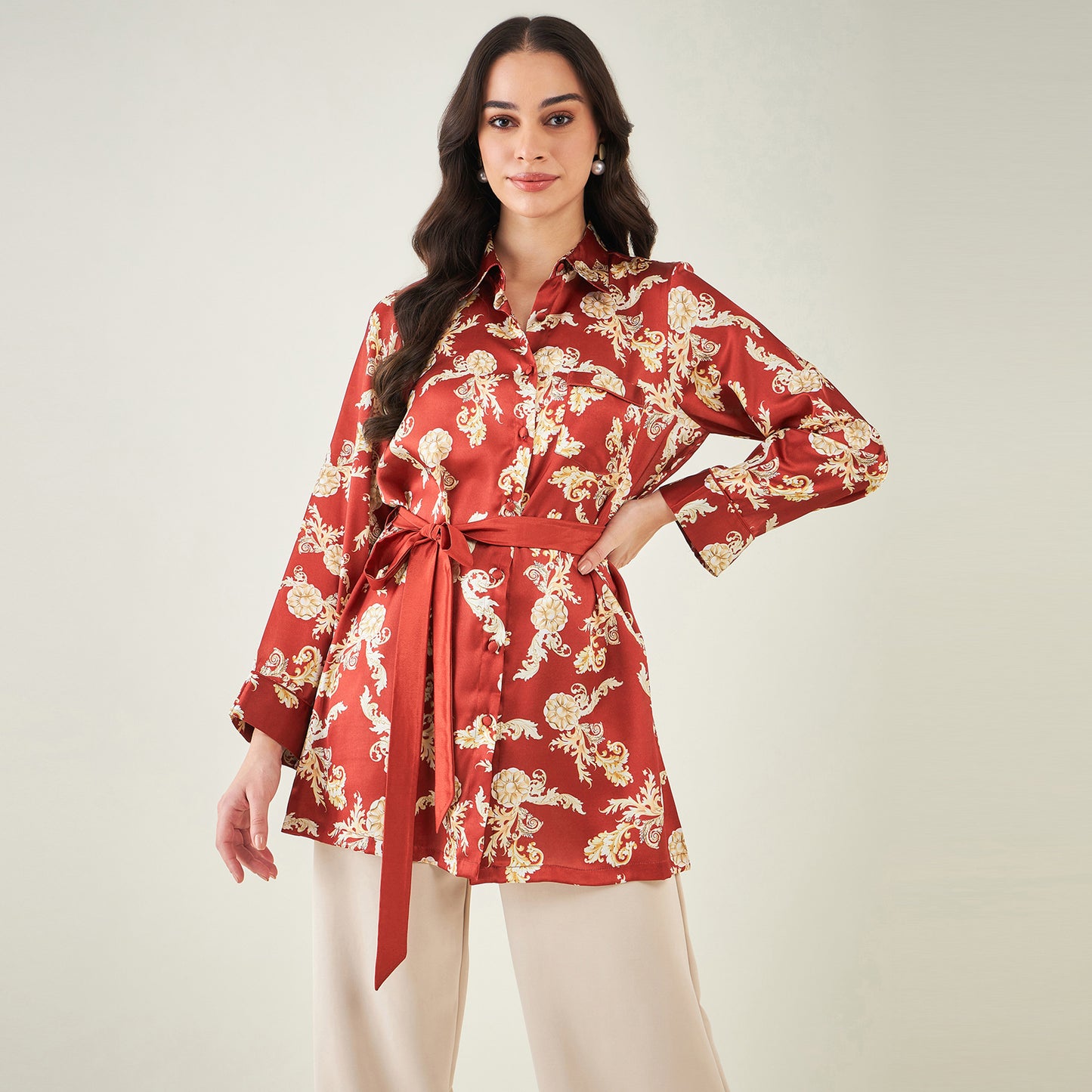 Red Baroque Print Shirt with Belt