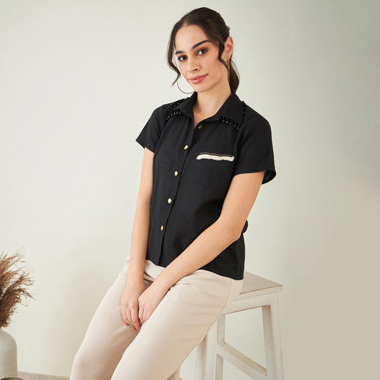 Black Linen Shirt with Lace Detail