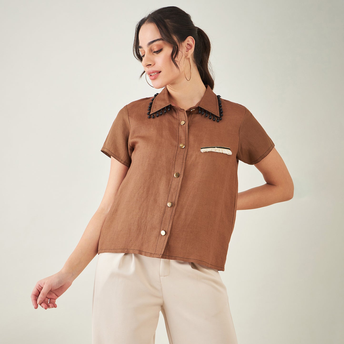 Brown Linen Shirt with Lace Detail