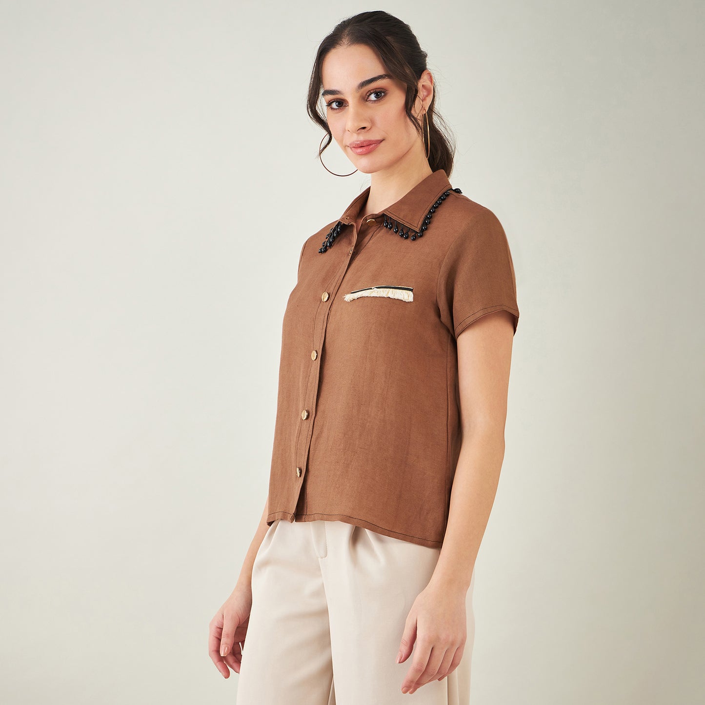 Brown Linen Shirt with Lace Detail