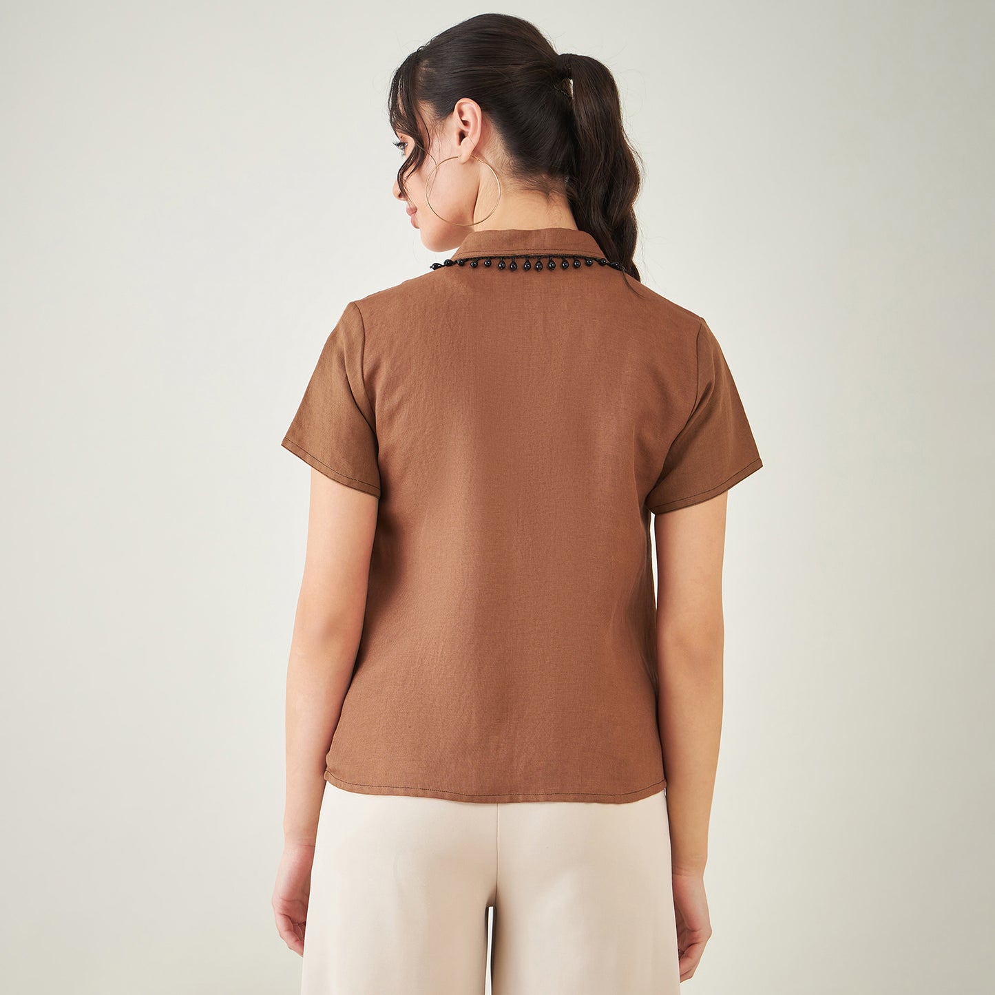 Brown Linen Shirt with Lace Detail
