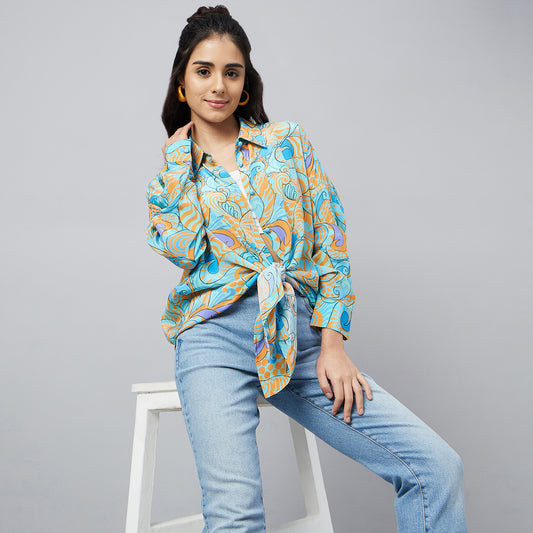 Blue and Citrus Orange Playful Print Boyfriend Shirt
