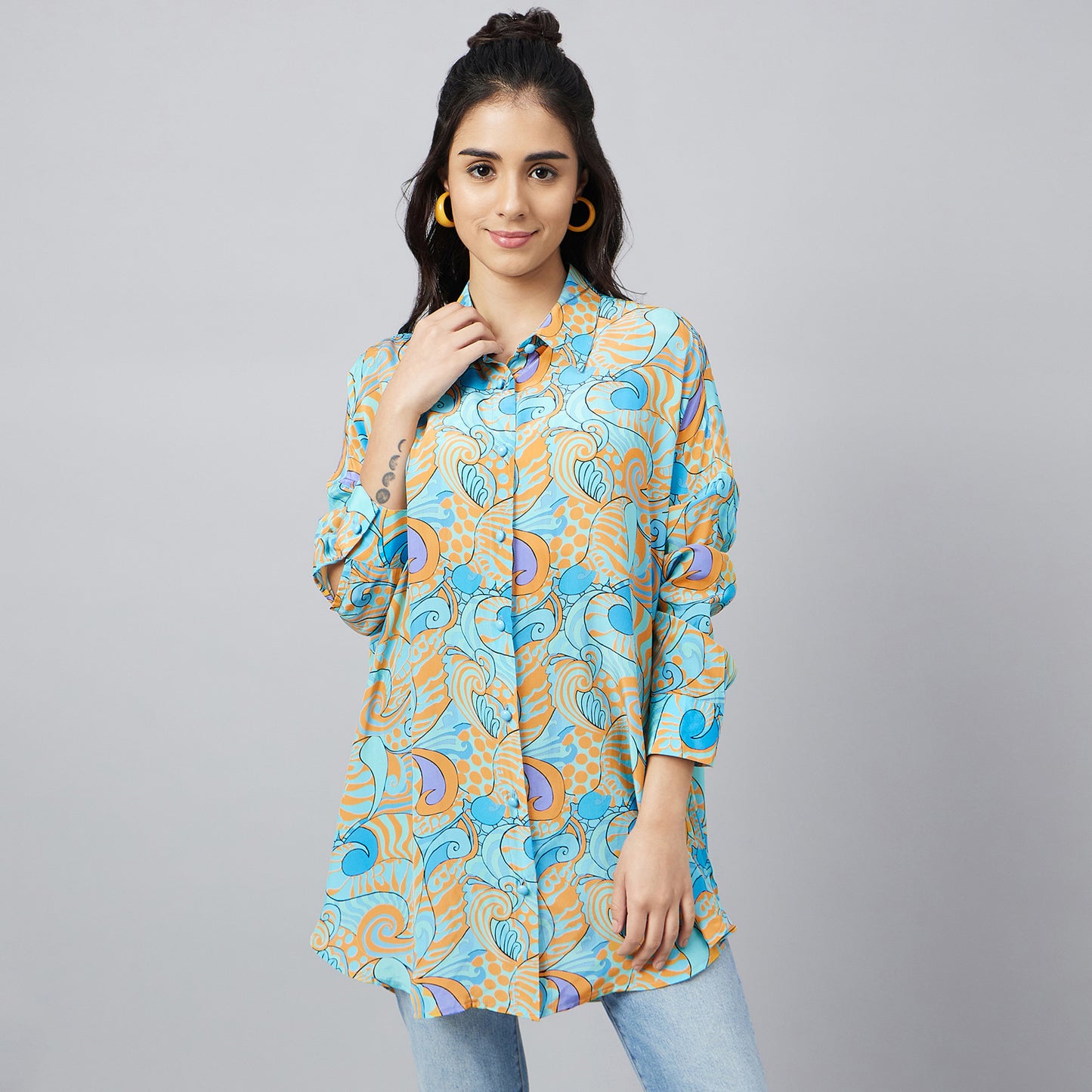 Blue and Citrus Orange Playful Print Boyfriend Shirt