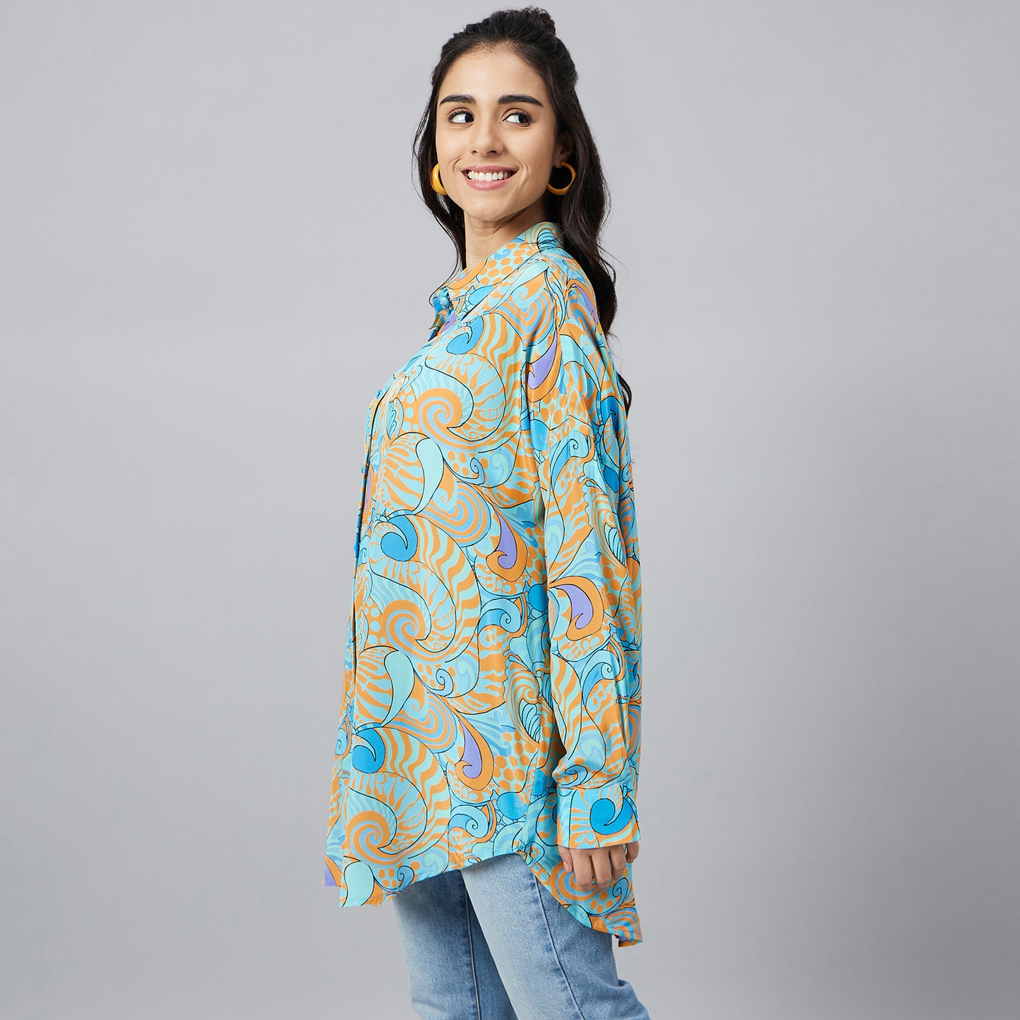 Blue and Citrus Orange Playful Print Boyfriend Shirt