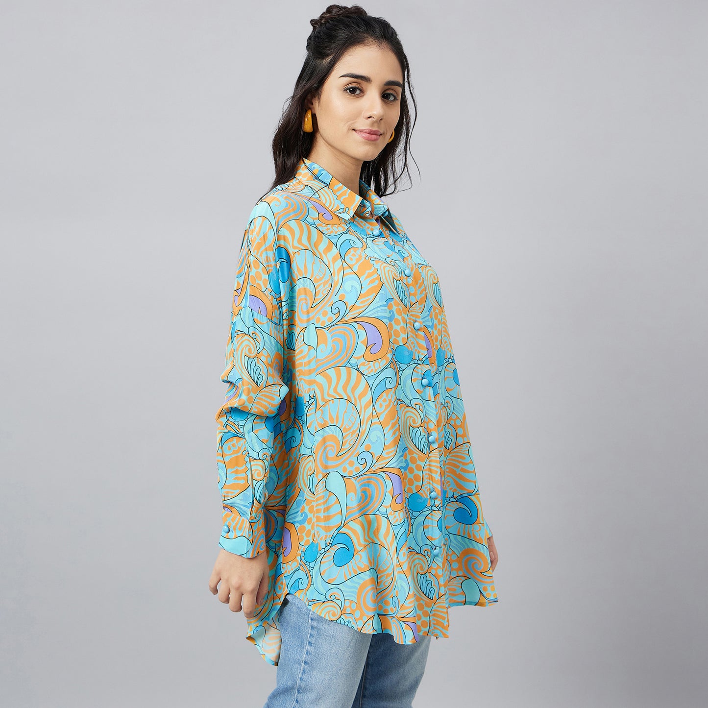 Blue and Citrus Orange Playful Print Boyfriend Shirt