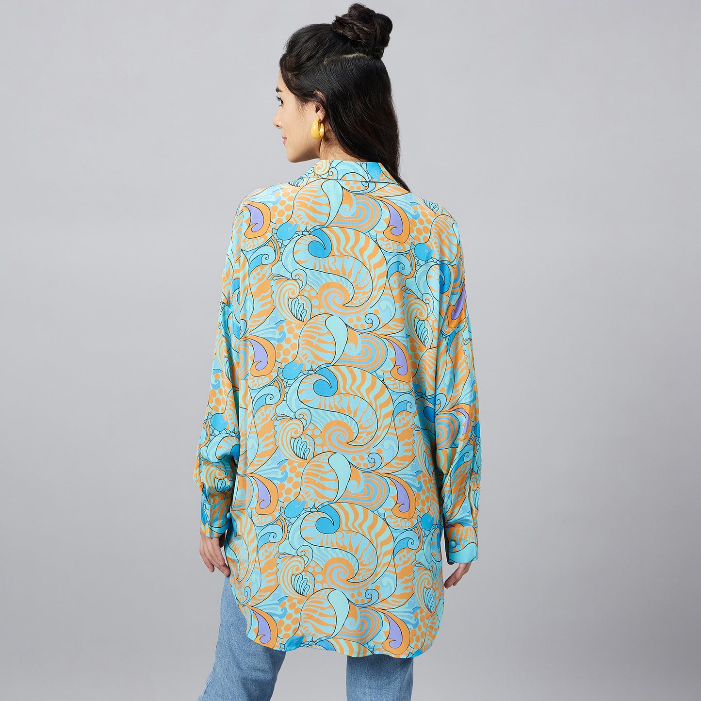 Blue and Citrus Orange Playful Print Boyfriend Shirt
