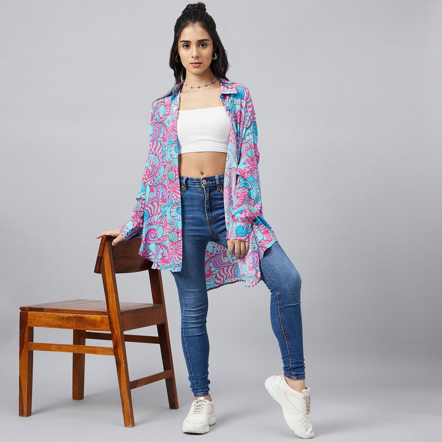 Blue and Rose Pink Playful Print Boyfriend Shirt