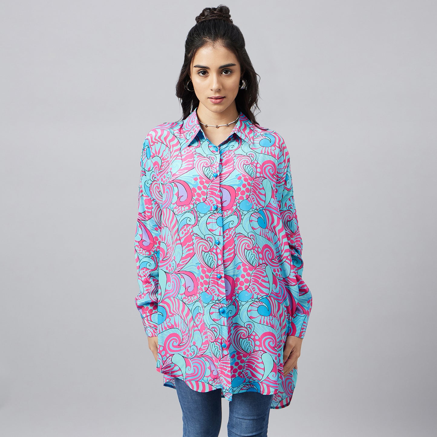 Blue and Rose Pink Playful Print Boyfriend Shirt