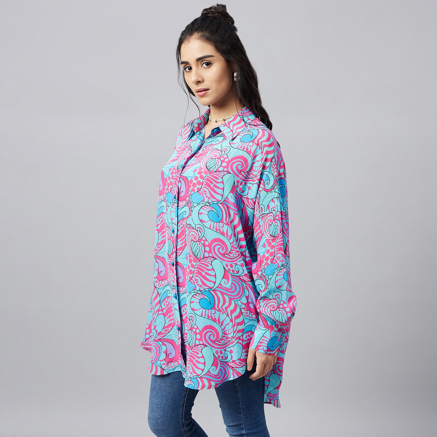 Blue and Rose Pink Playful Print Boyfriend Shirt