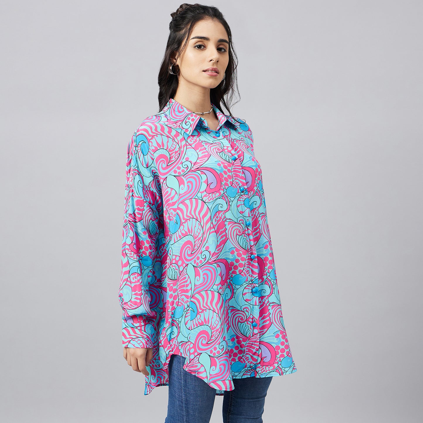 Blue and Rose Pink Playful Print Boyfriend Shirt