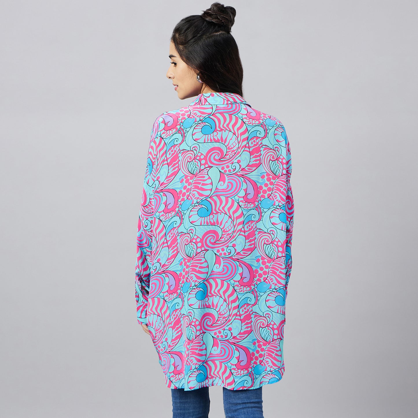 Blue and Rose Pink Playful Print Boyfriend Shirt