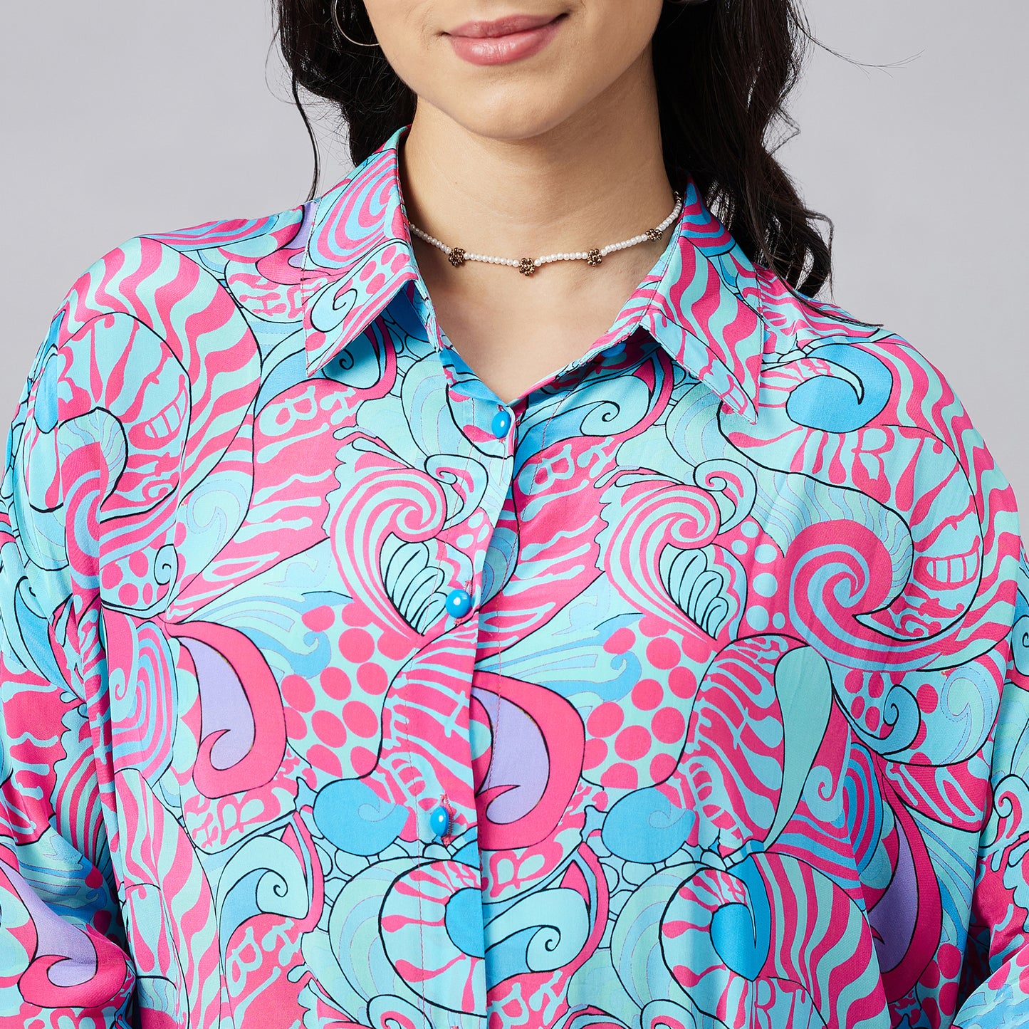 Blue and Rose Pink Playful Print Boyfriend Shirt