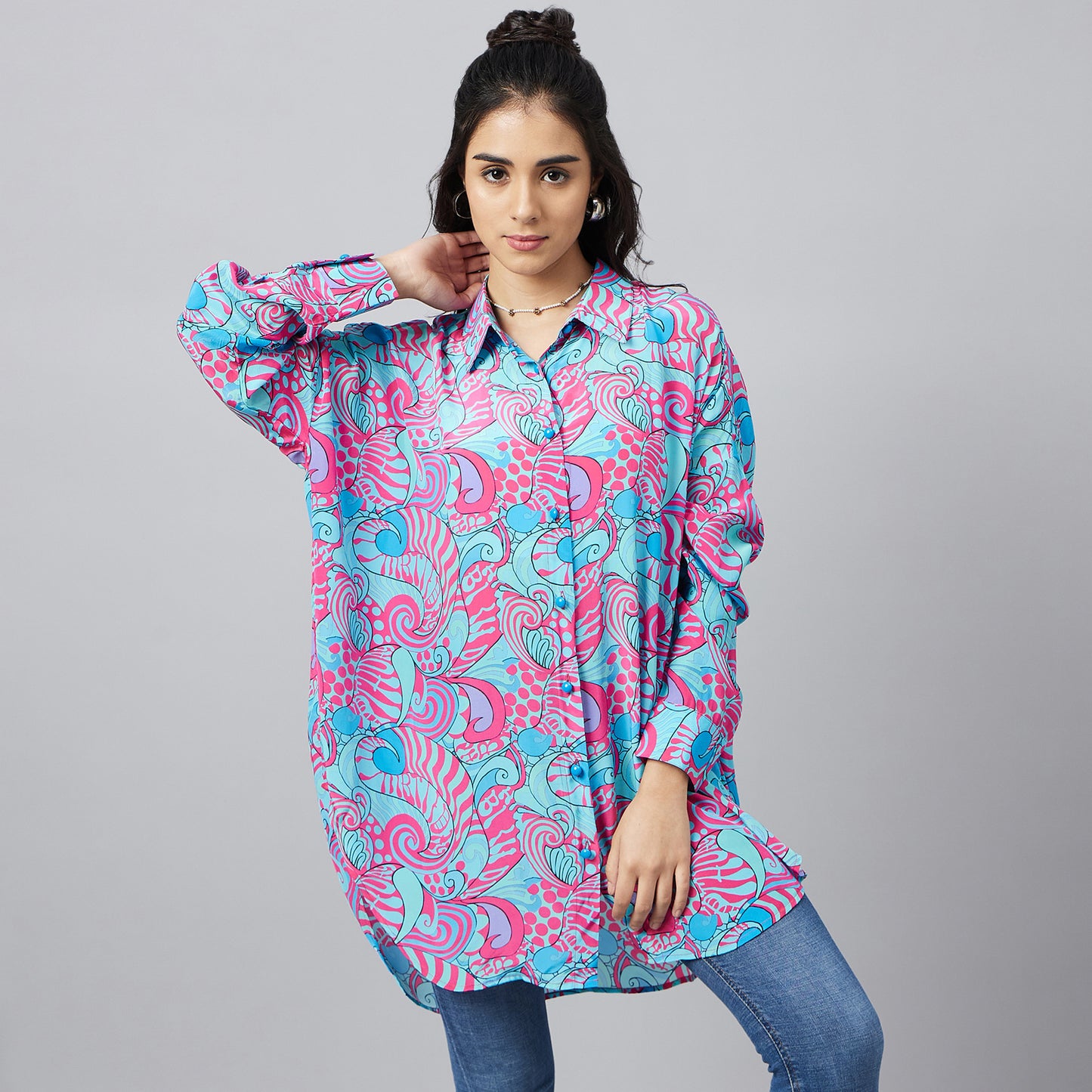 Blue and Rose Pink Playful Print Boyfriend Shirt