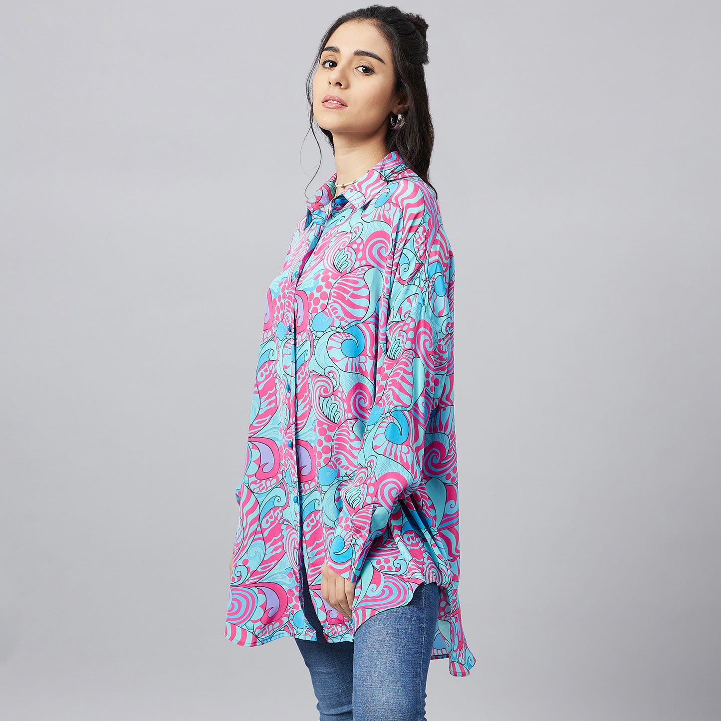 Blue and Rose Pink Playful Print Boyfriend Shirt