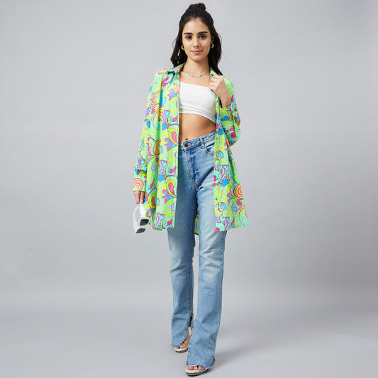 Citrus Green and Lemon Playful Print Boyfriend Shirt