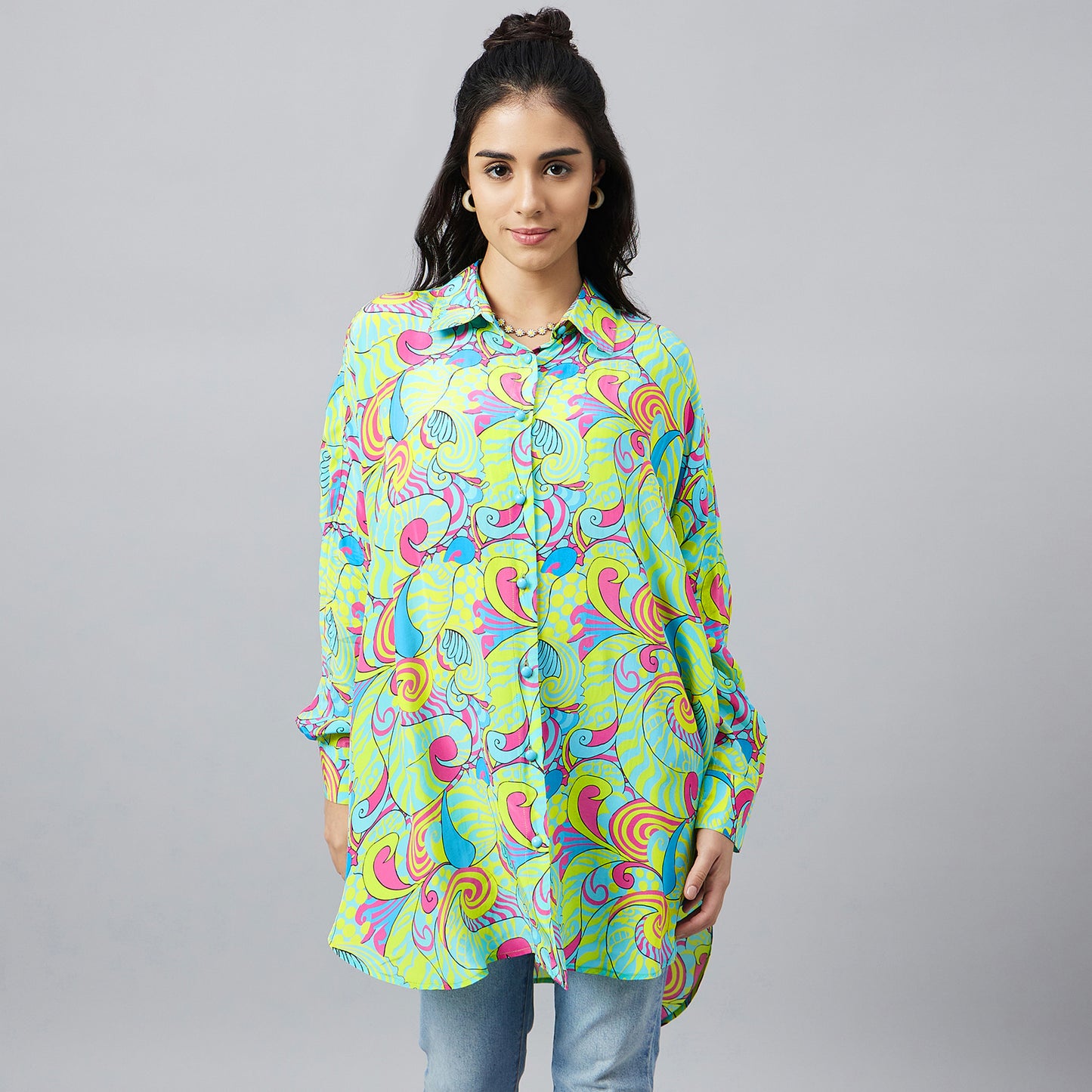 Citrus Green and Lemon Playful Print Boyfriend Shirt