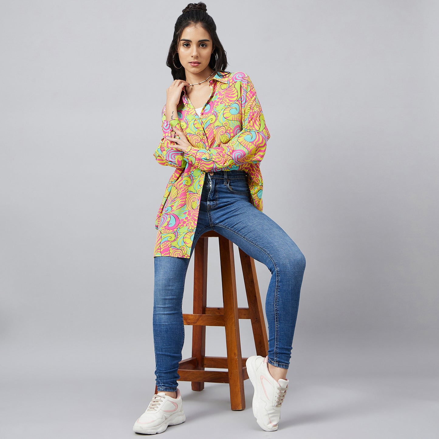 Hot Pink and Yellow Playful Print Boyfriend Shirt