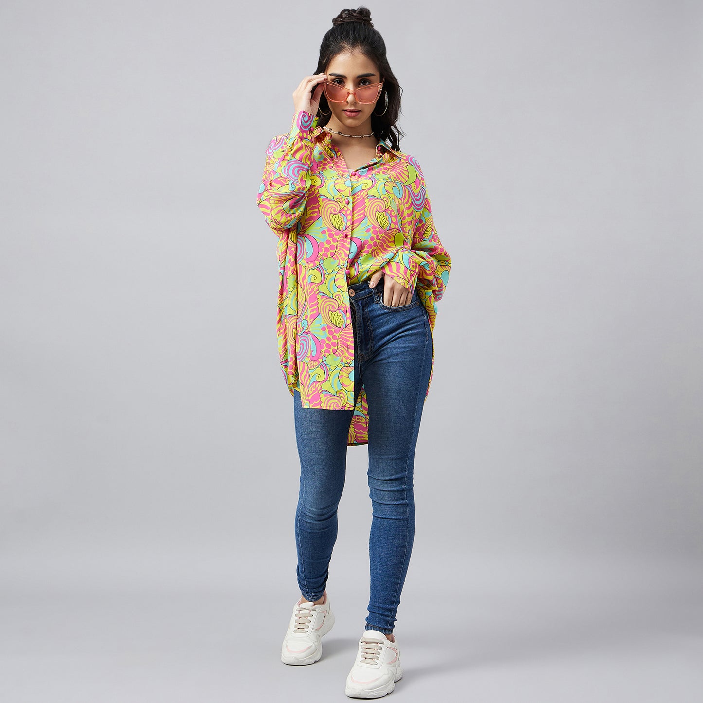Hot Pink and Yellow Playful Print Boyfriend Shirt