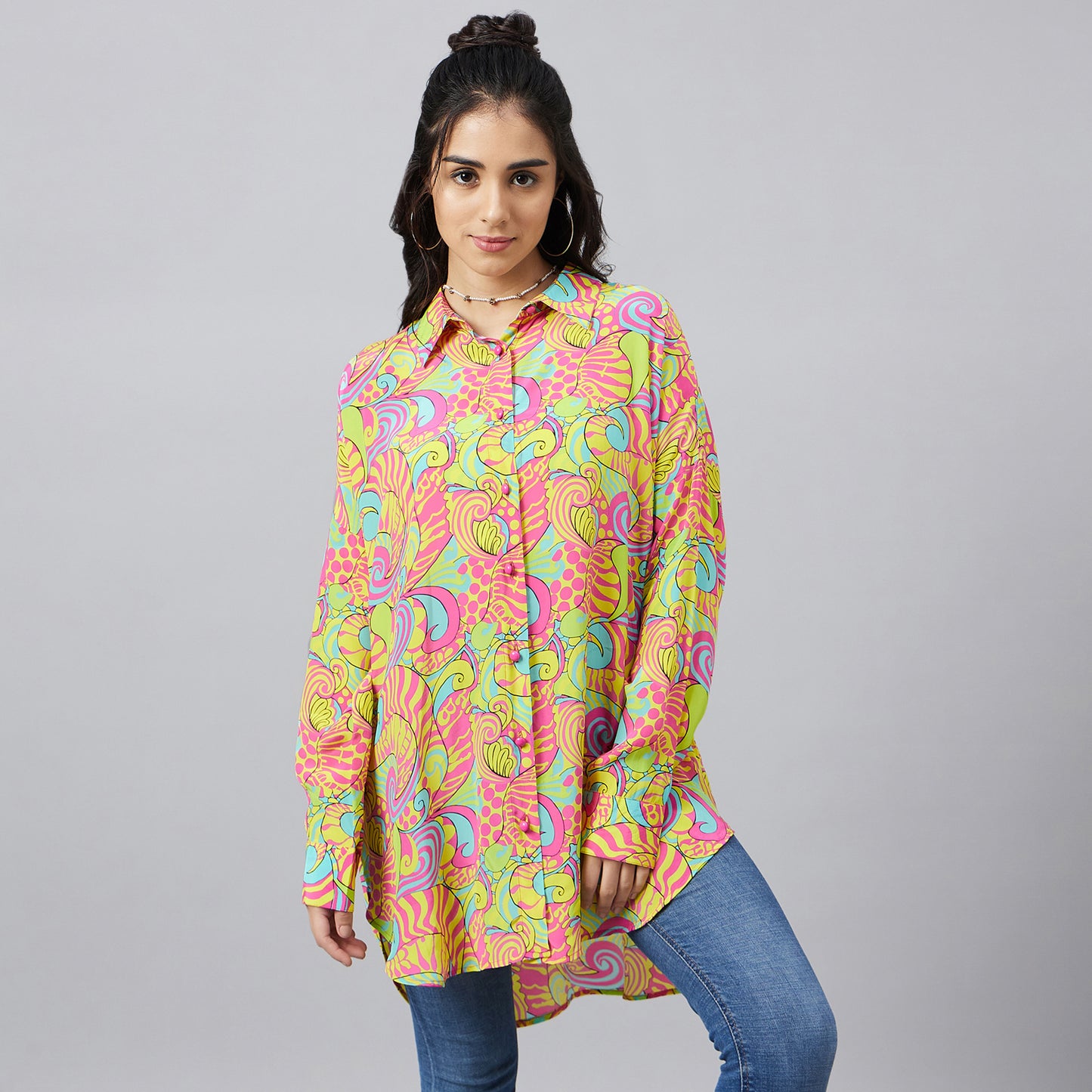 Hot Pink and Yellow Playful Print Boyfriend Shirt
