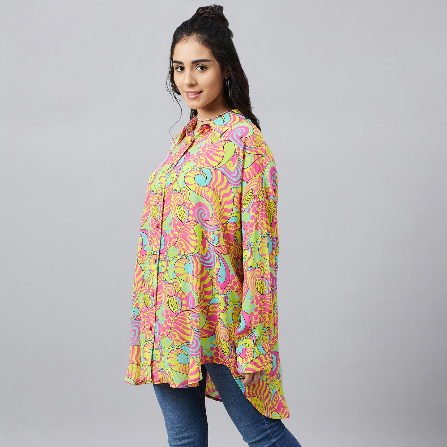 Hot Pink and Yellow Playful Print Boyfriend Shirt