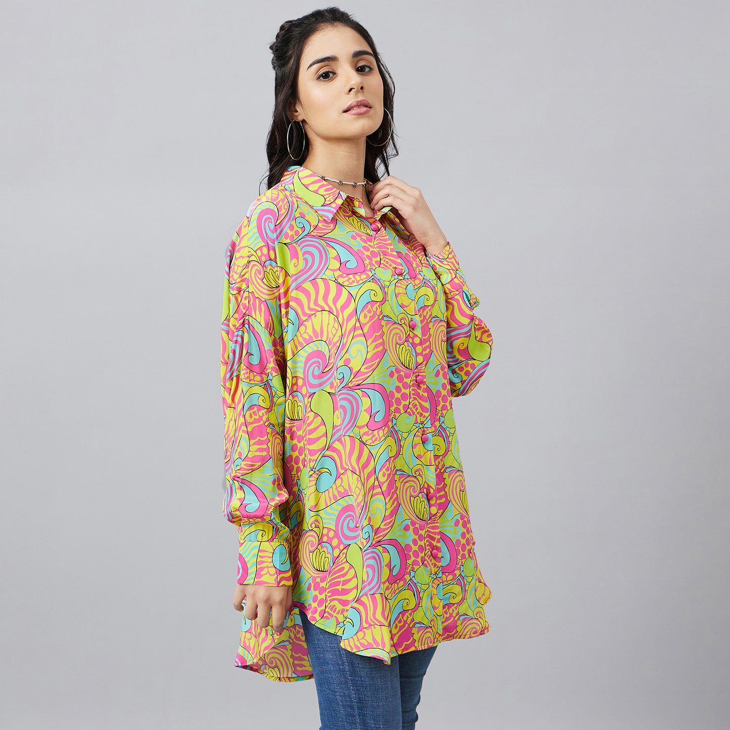 Hot Pink and Yellow Playful Print Boyfriend Shirt