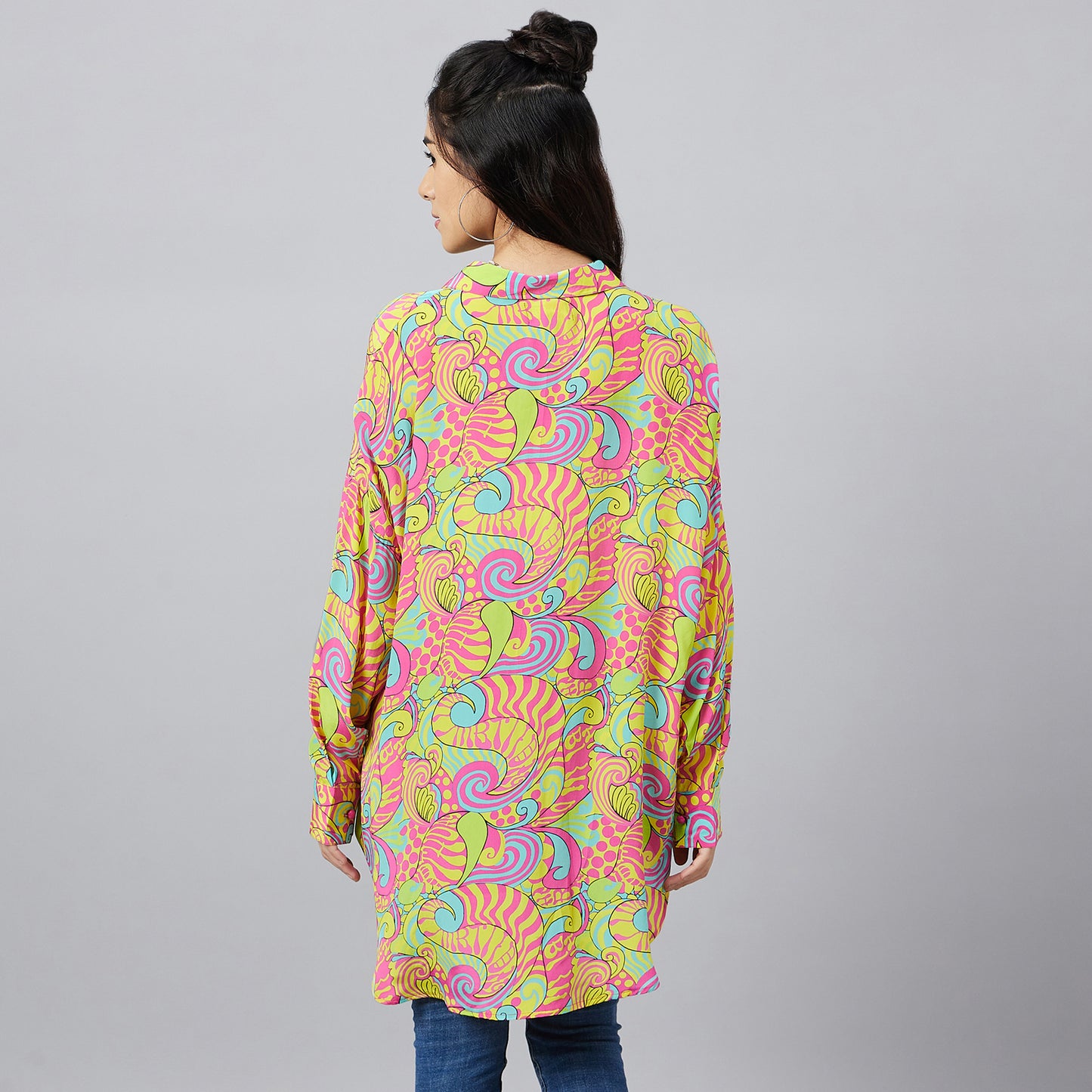 Hot Pink and Yellow Playful Print Boyfriend Shirt