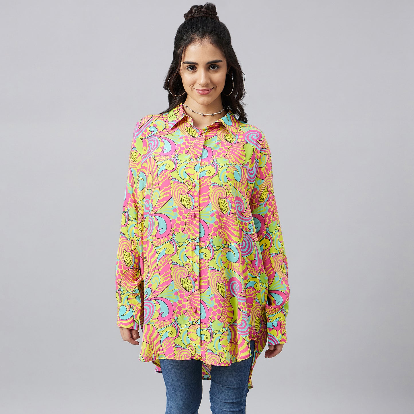 Hot Pink and Yellow Playful Print Boyfriend Shirt