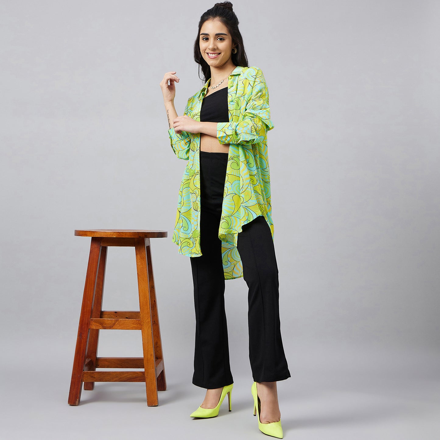 Neon Green and Yellow Playful Print Boyfriend Shirt