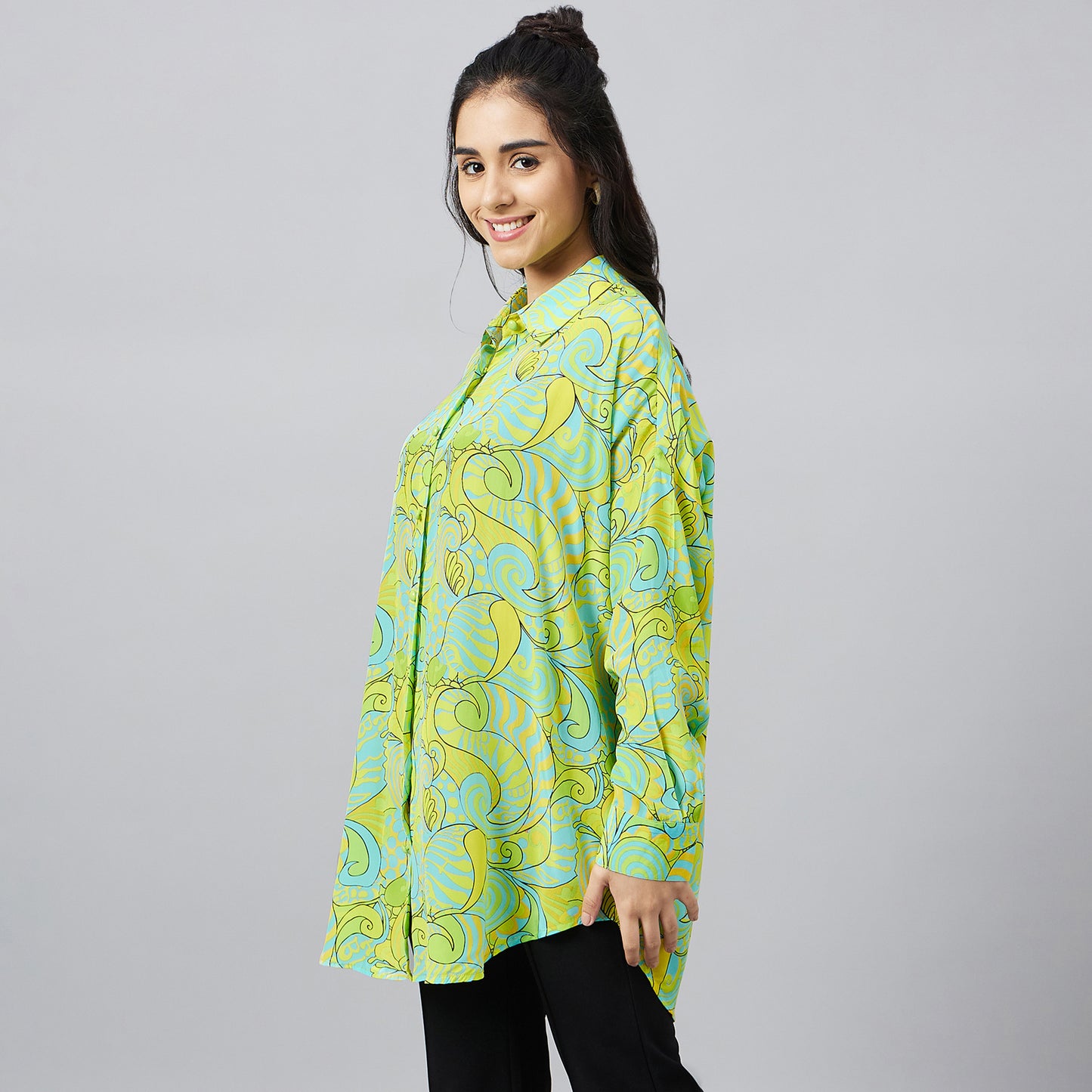 Neon Green and Yellow Playful Print Boyfriend Shirt